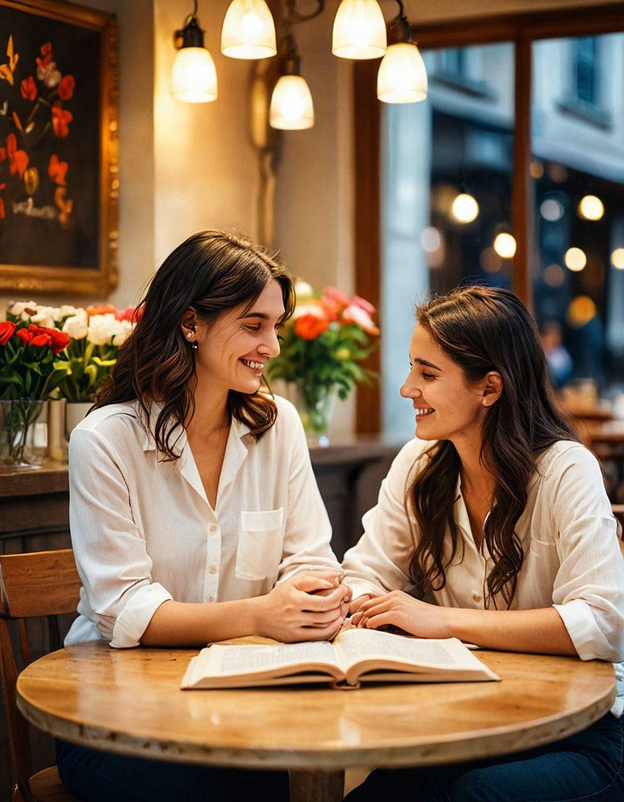 A romantic setting with a couple sitting at a quaint café, engaging in deep conversation, surrounded by soft lighting and flower decorations. Emphasize their expressive body language and joyful smiles, symbolizing connection and rediscovery. Include elements like coffee cups and an open book on the table, hinting at shared stories. Create a dreamy atmosphere with warm colors and gentle bokeh effects in the background. vibrant colors. painting.