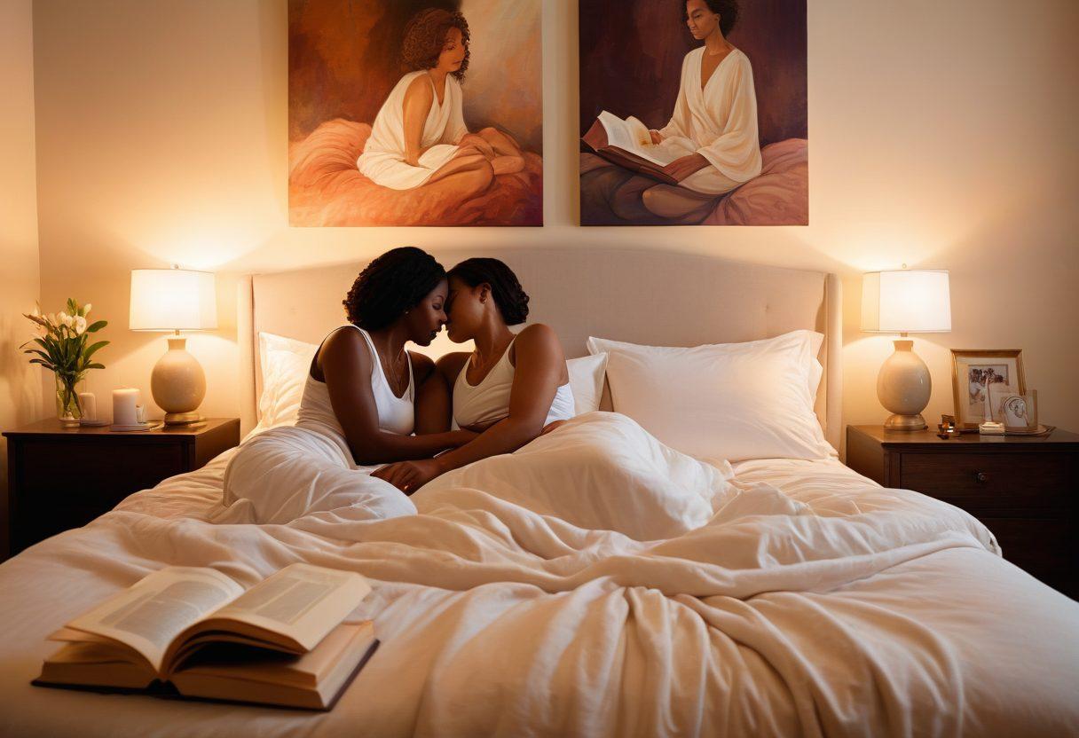 An intimate scene depicting a couple in a cozy, softly lit bedroom, sharing a moment of connection and passion. Surround them with elements of sexual wellness, like books on intimacy, candles, and soft pillows. Incorporate warm colors to convey comfort and intimacy, ensuring the couple's expressions of love and trust are highlighted. Create an inviting atmosphere that encourages exploration and connection. painting. warm colors. soft lighting.