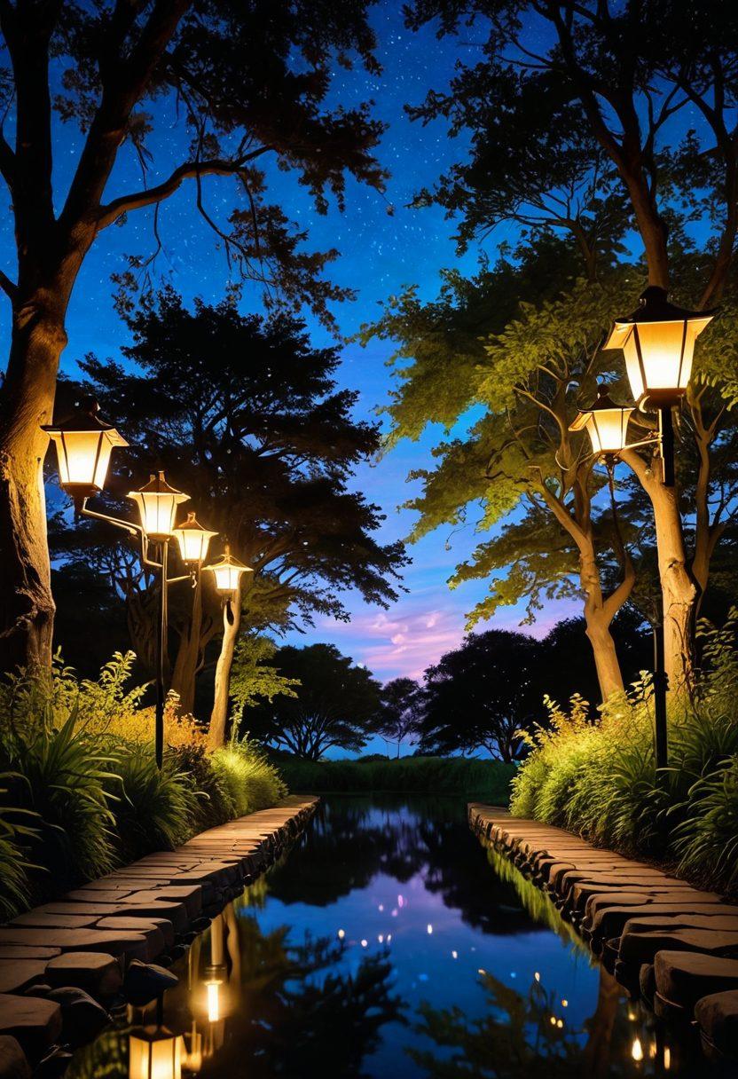 A serene landscape featuring a winding path symbolizing a journey, flanked by soft, glowing lanterns representing passion and consent. Silhouettes of diverse couples engaging in intimate conversations under a starry sky, conveying trust and connection. Include lush greenery and gentle flowing water to enhance tranquility. super-realistic. vibrant colors. twilight ambiance.